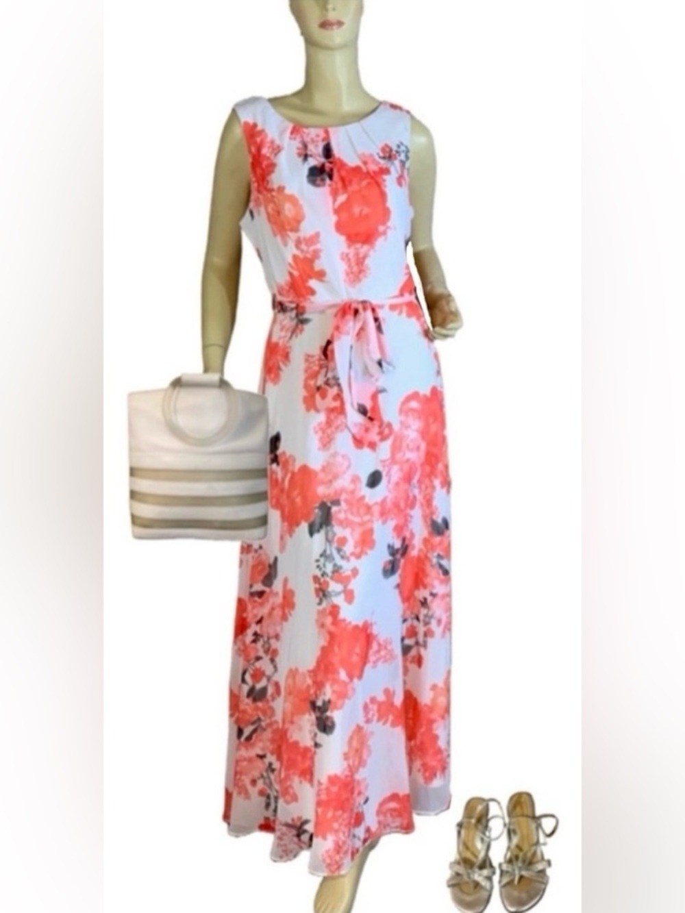 CHETTA B CORAL, WHITE AND GRAY FLORAL PRINT CHIFFON MAXI DRESS (12)